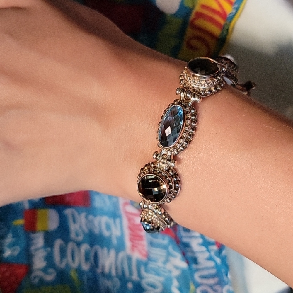 Silver Smokey Quartz and Aqua Bracelet